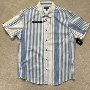 Alfani Men's Shirt White Blue Stripe Short Sleeve Button Up Size Large NWT